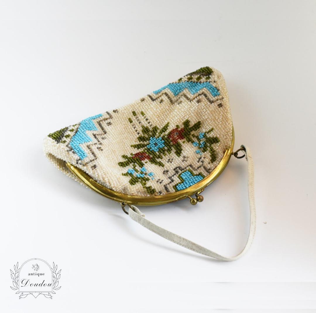 英国ヴィンテージ ビーズ刺繍 がま口バッグ【sa843】
