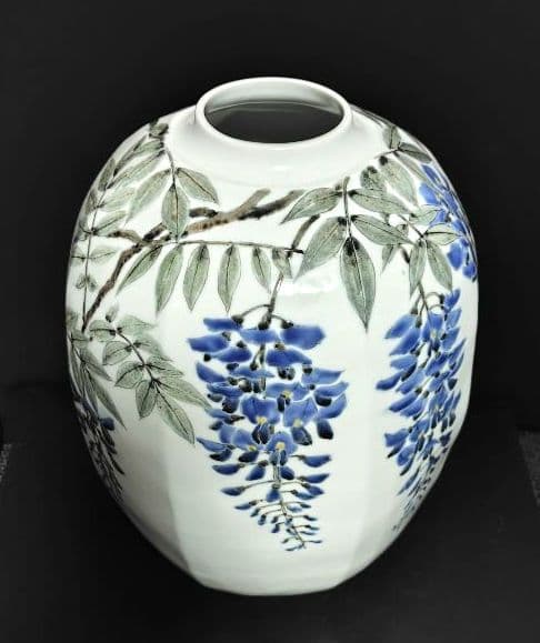 末岡信彦 色絵藤之図八角壷 共箱　色絵磁器