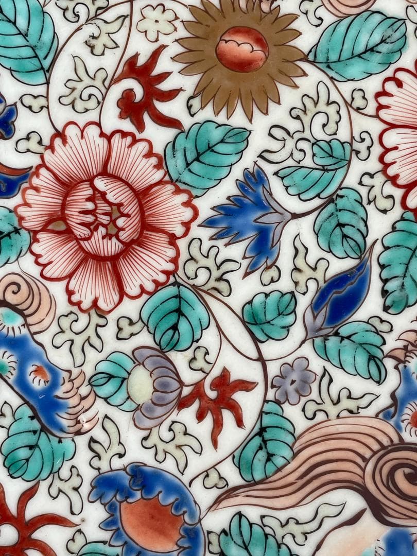 極上 古伊万里 大皿 金蘭手 江戸期 唐獅子 牡丹図 七宝文 紗綾形風 飾皿