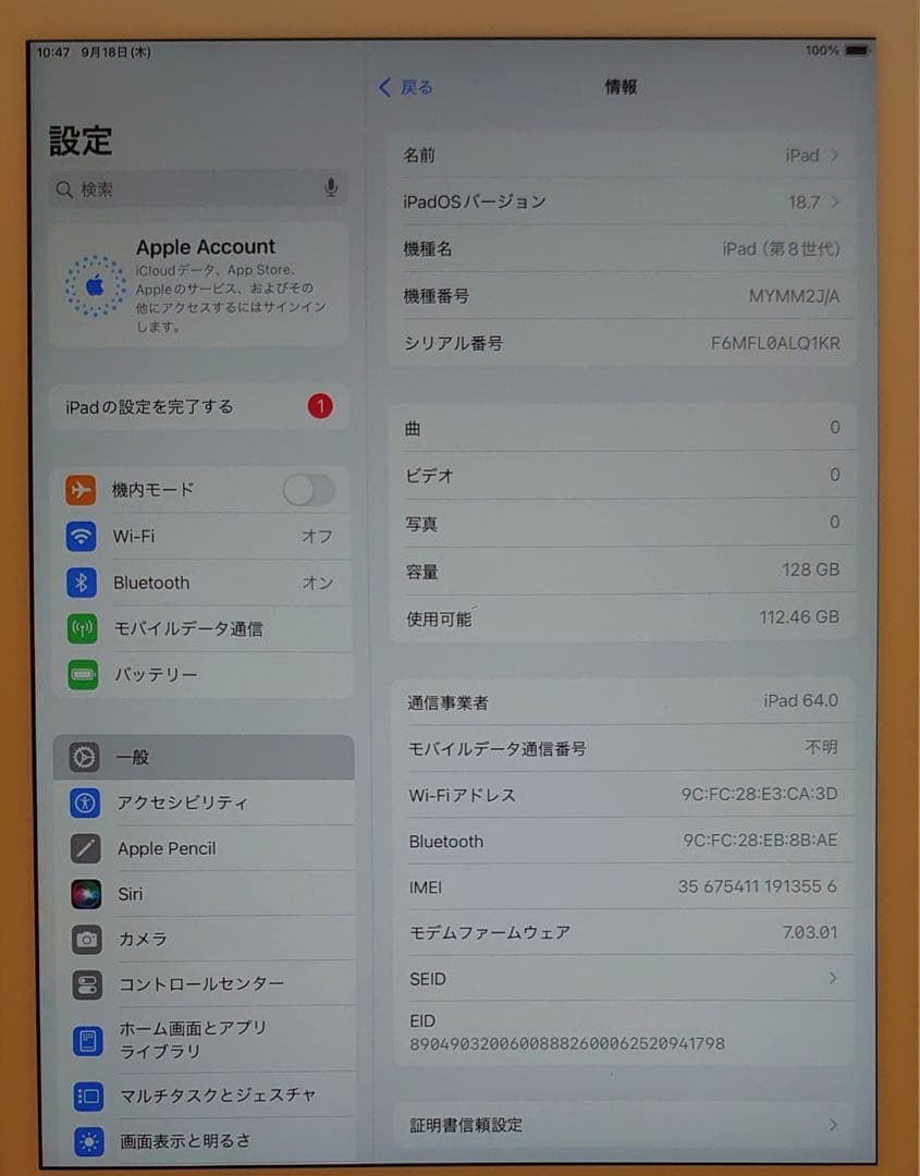 完動品SIMフリー液晶無傷iPad第8世代本体128GB送料込LQ1KR