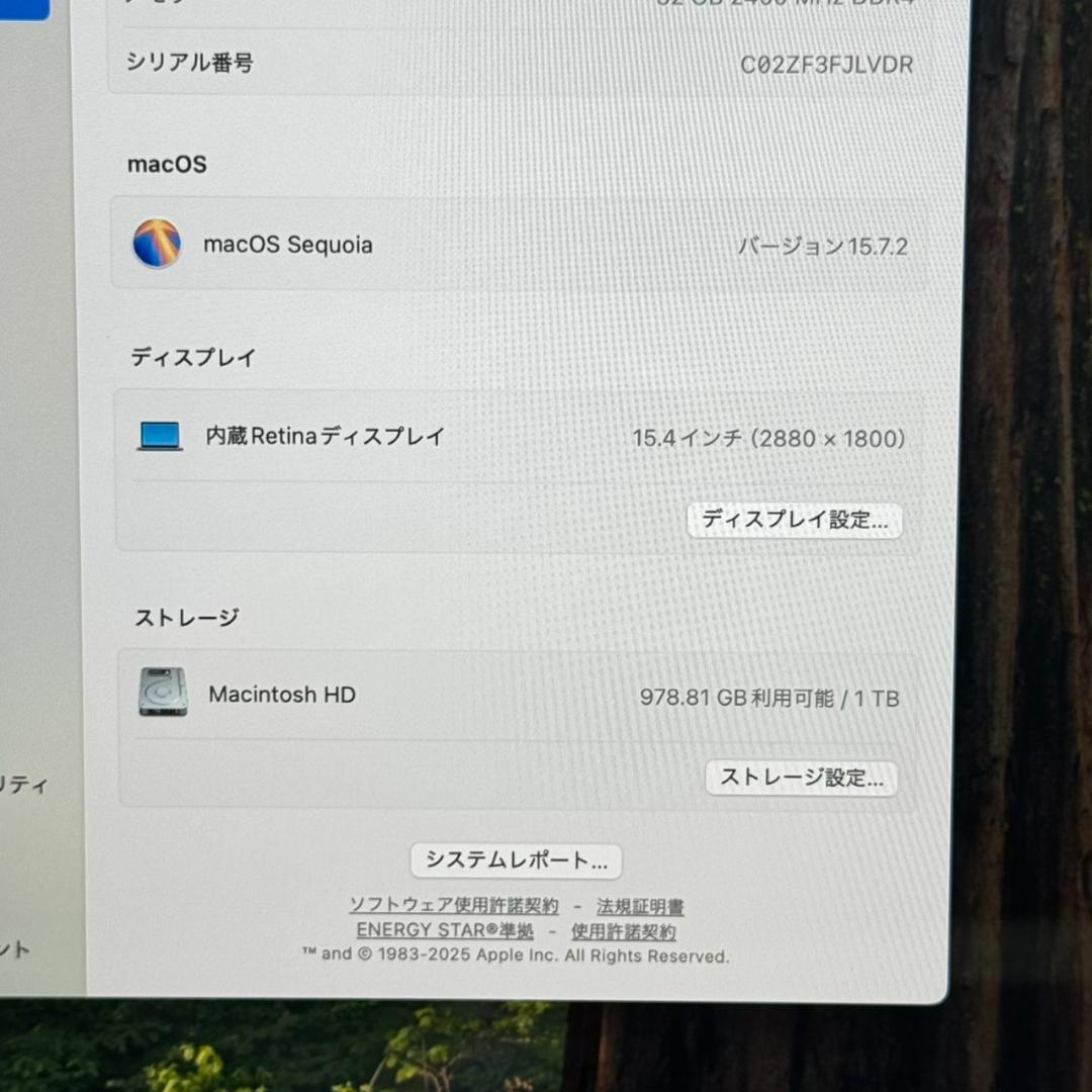 MacBook本体 P294Apple MacBook Pro i9 15inch 32GB 1TB