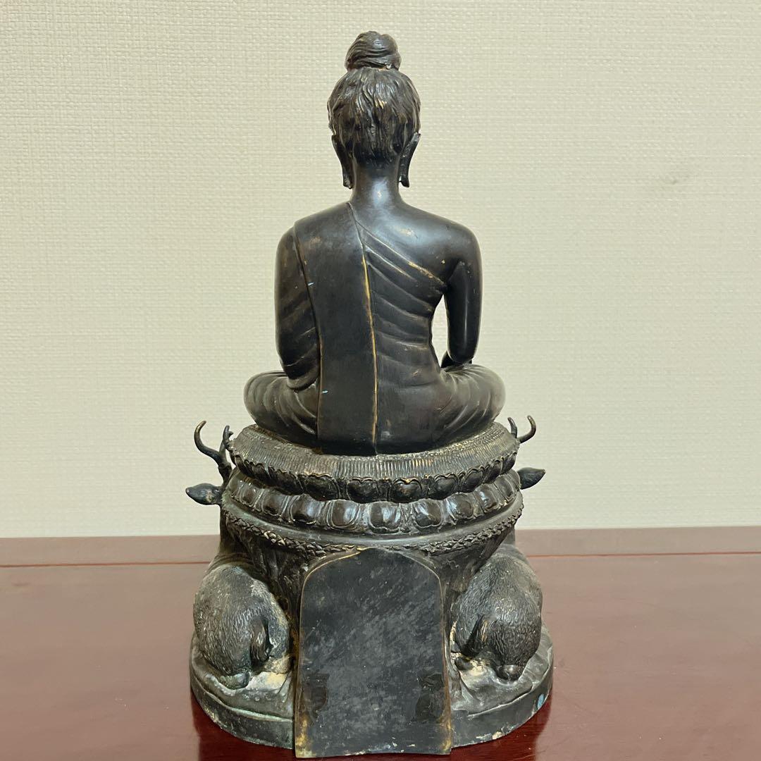 【希少】釈迦如来坐像 初転法輪 鹿野苑 仏像 青銅調 骨董 縁起物 オブジェ