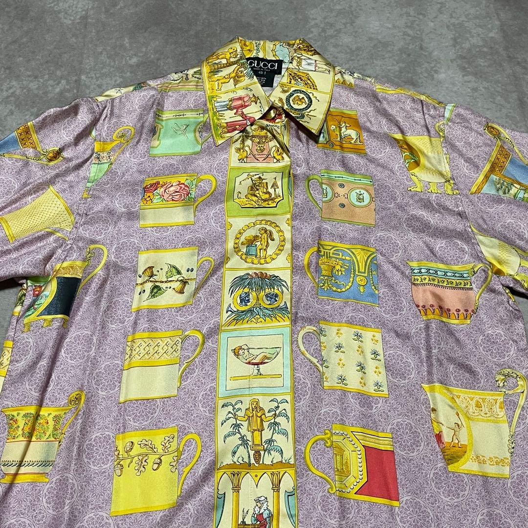 希少　グッチ　GUCCI （40） マグカップ柄シャツ　総柄　シルク100%