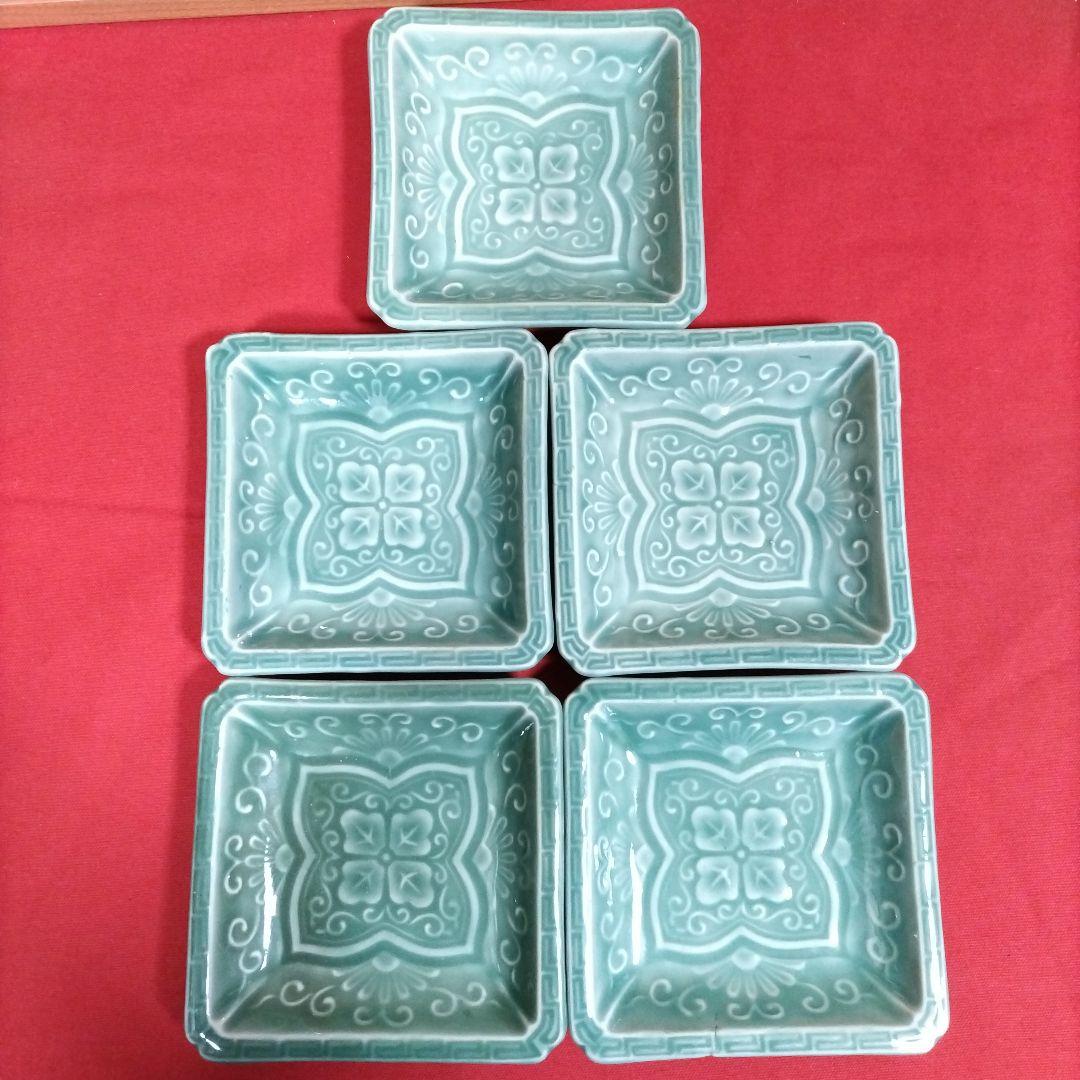 青磁の四方皿５枚揃 五陶 菓子皿 懐石料理 明治期 茶道具
