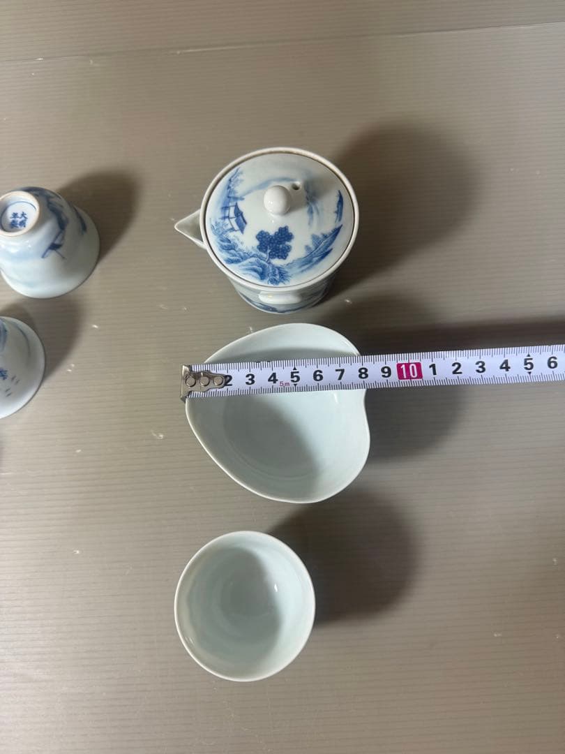 2616中国骨董　大明年製銘　染付山水茶器セット　宝瓶1客　湯冷し1客　湯呑5客