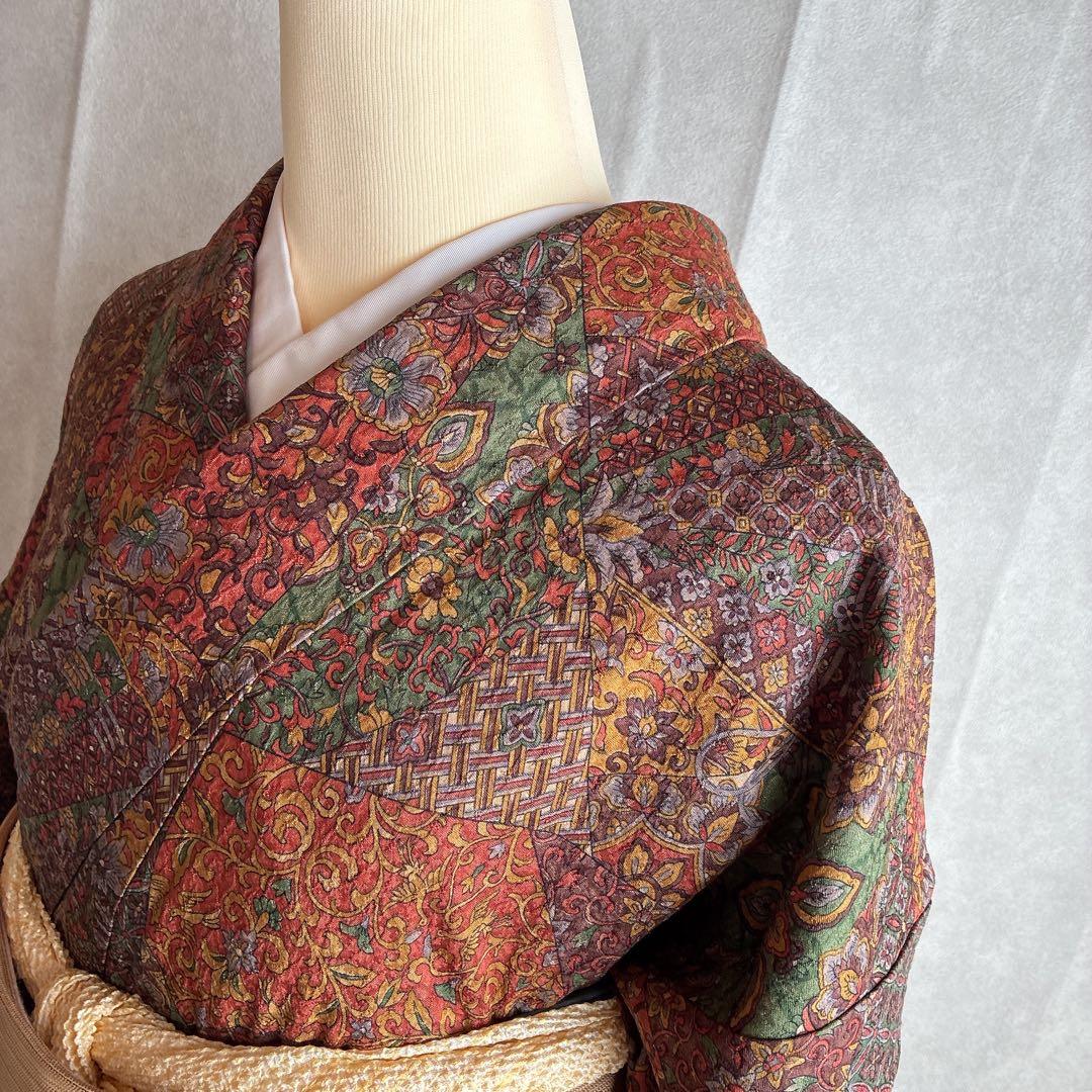 小紋　フルセット　着物　正絹　更紗　普段着物　深みカラー　大人シック　J1