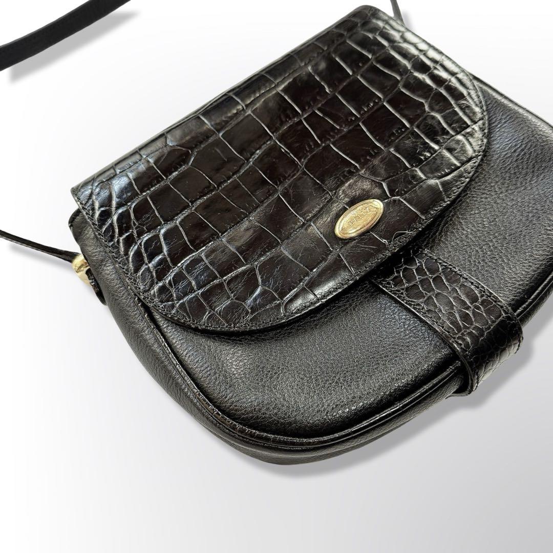 BALLY ショルダーバッグ　クロコダイル　ブラック　ゴールド金具　レザー