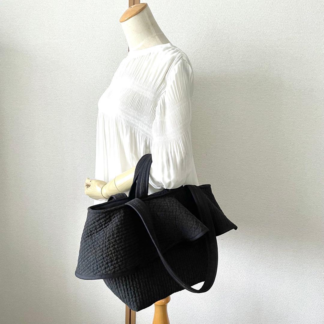フレアフリル付きトートバッグ（L）　2way ヌビバッグ　ブラック　ハンドメイド