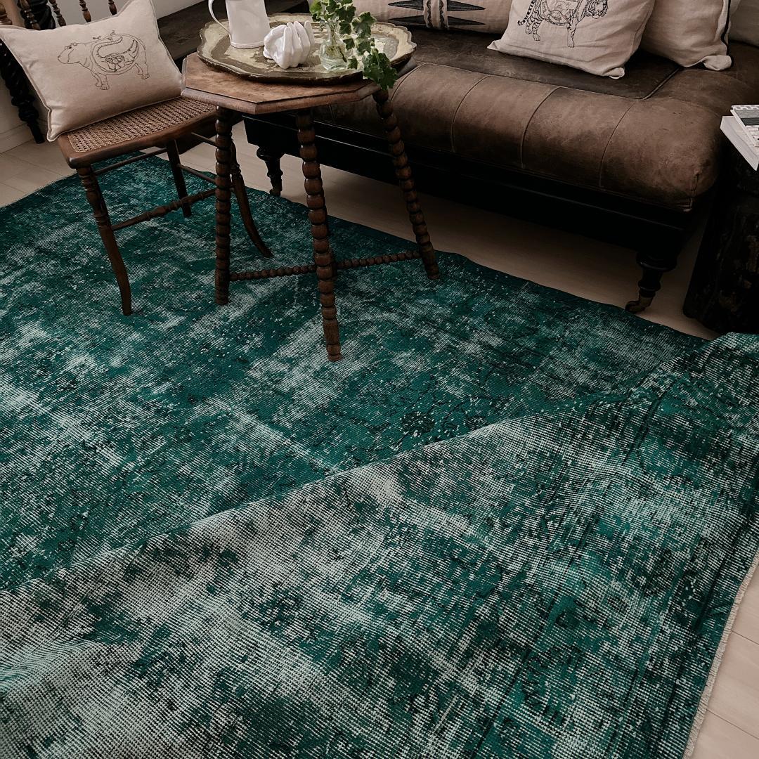 トルコ製ヴィンテージラグ981 超大判 ダークターコイズブルー オーバーダイ