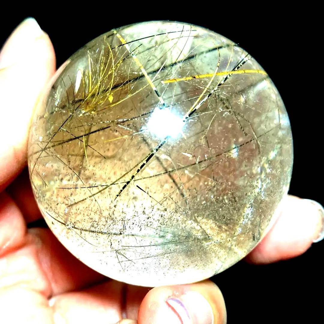 45mm ゴールドブラックルチルクォーツ　丸玉　スフィア　金黒針水晶