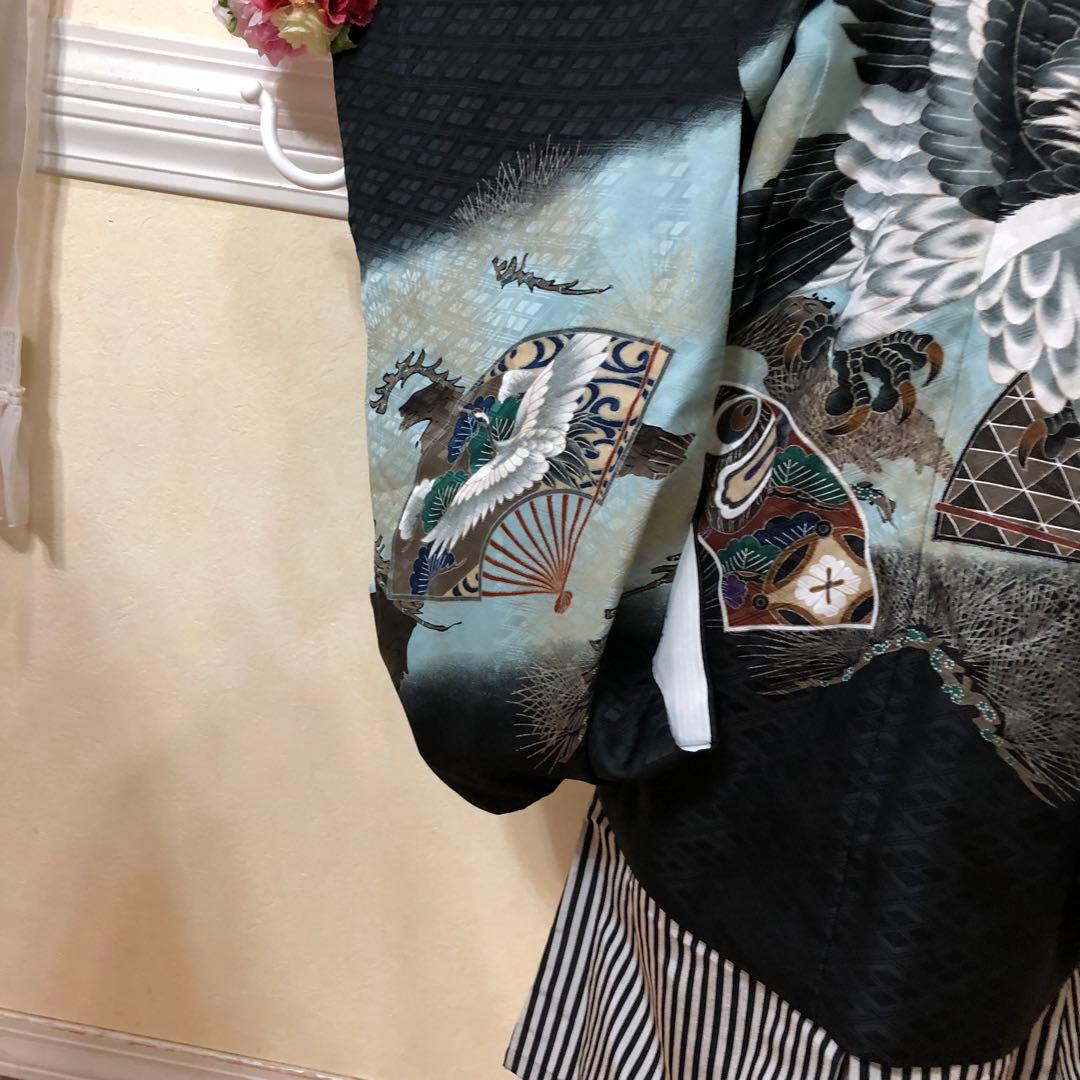 七五三５歳完全フルセット‼️豪華黒地系鷹金彩煌びやか⭐︎袴縞スタイルアップ人気銘品