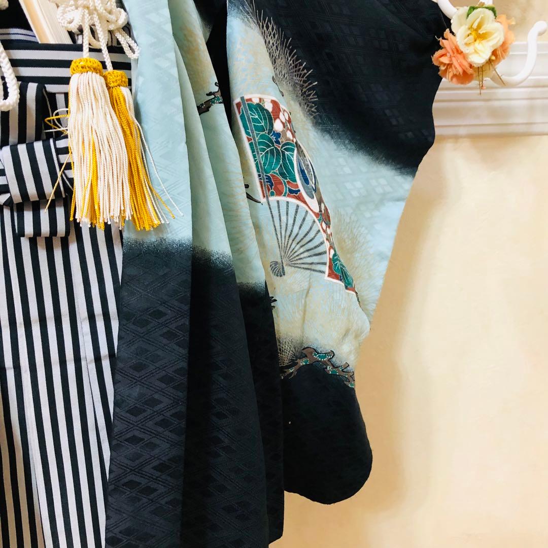 七五三５歳完全フルセット‼️豪華黒地系鷹金彩煌びやか⭐︎袴縞スタイルアップ人気銘品