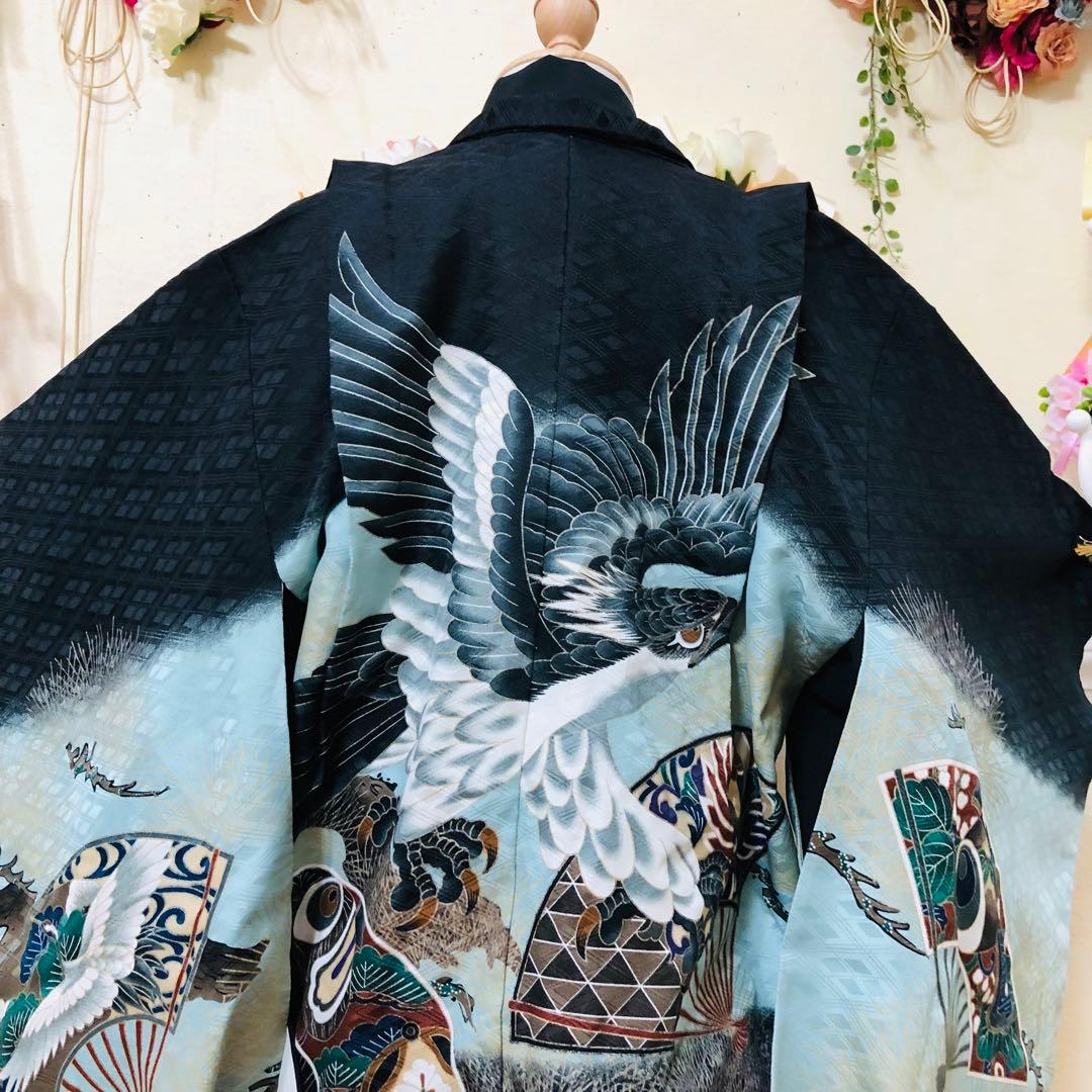 七五三５歳完全フルセット‼️豪華黒地系鷹金彩煌びやか⭐︎袴縞スタイルアップ人気銘品