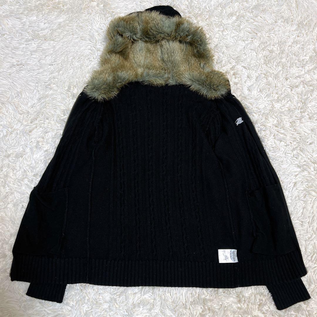 美品✨バーバリー ドライバーズニット ファー フード ケーブルニットパーカー 黒