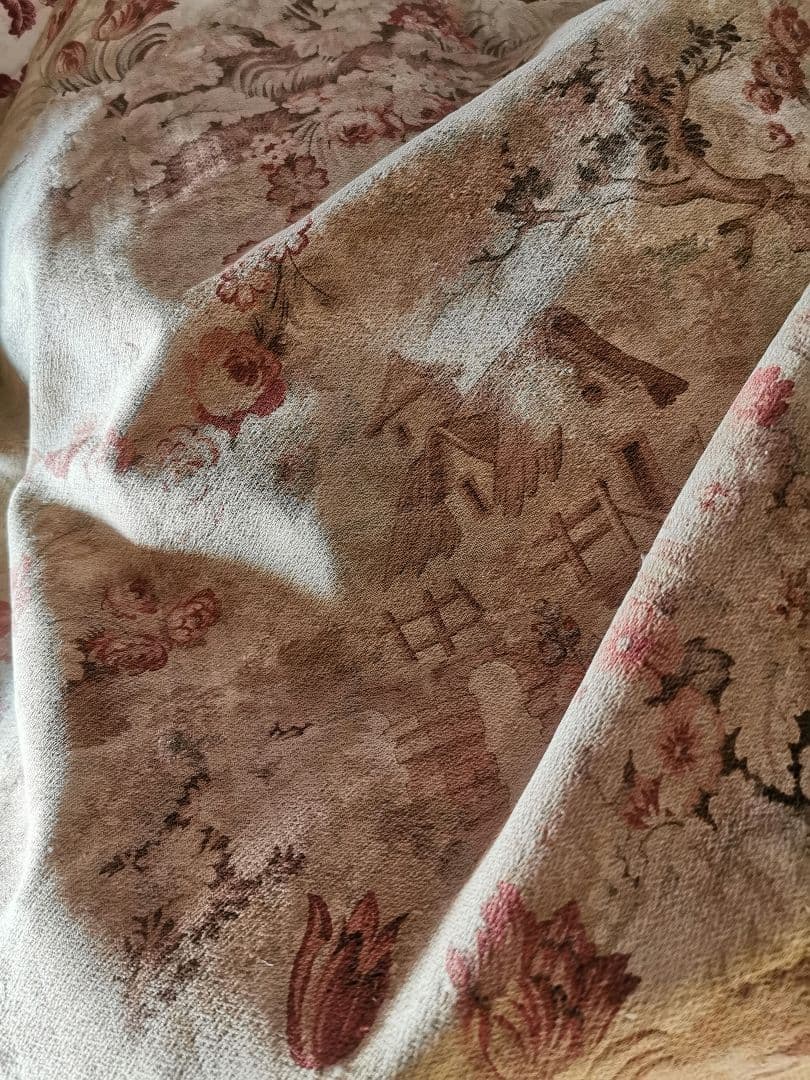 アンティークフランス トワルドジュイ 家と薔薇チューリップ ボビンレースカーテン