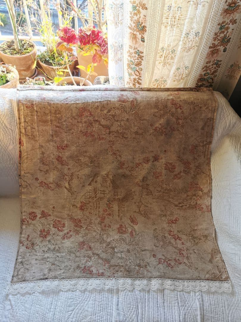 アンティークフランス トワルドジュイ 家と薔薇チューリップ ボビンレースカーテン