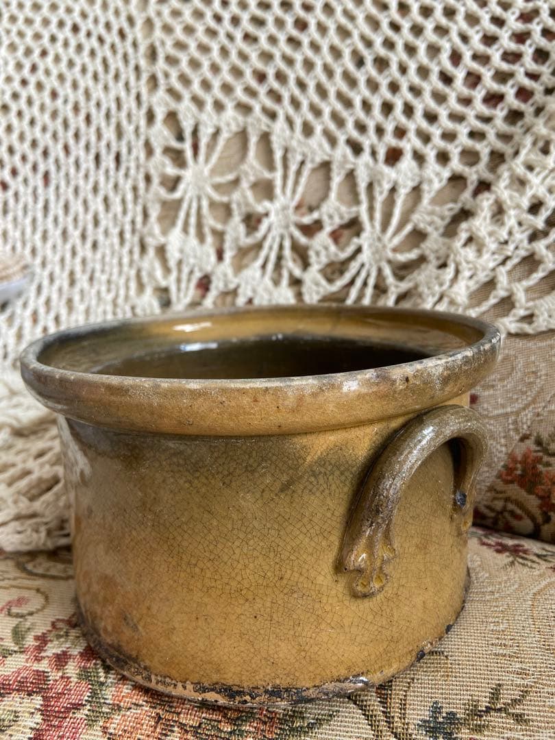 最終値下げ！ヒビありフランスアンティーク釉薬テリーヌポット☆金継ぎ南仏グラタン皿