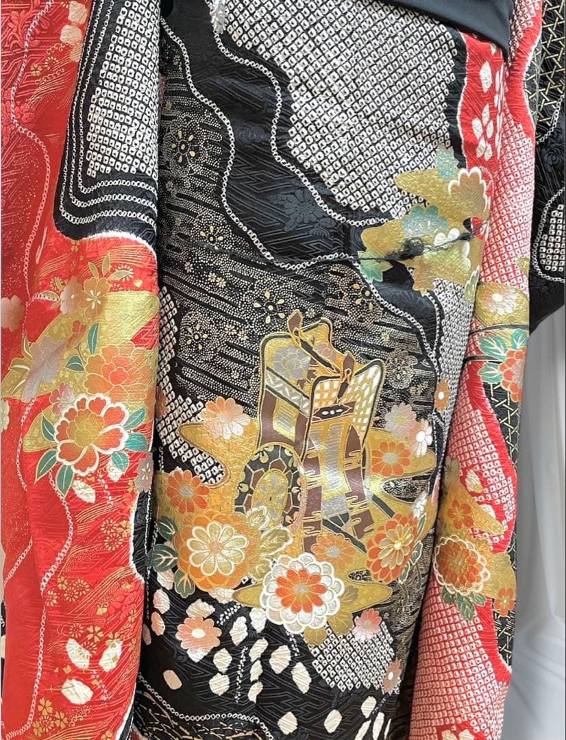 振袖フルセット 赤黒 手絞り 金彩