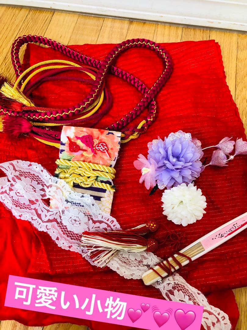 七五三七歳‼️豪華正絹レッド×BLACKラメ煌びやか花々刺繍金彩金箔完全フルセット