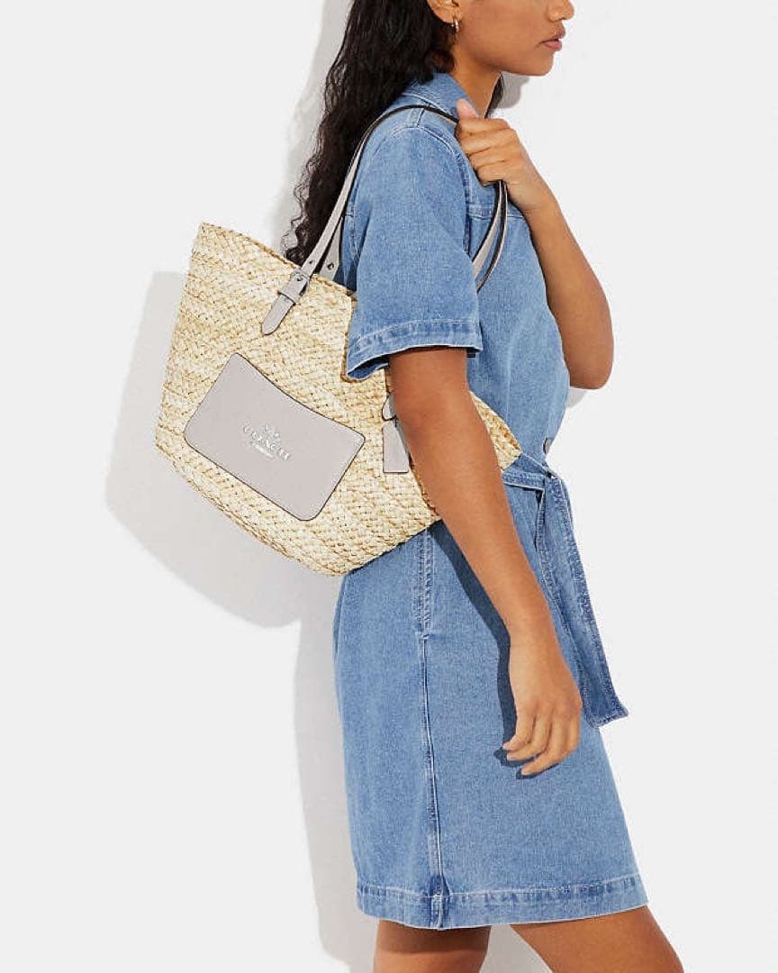 COACH コーチ レザー×ストロー カゴバッグ トート 大容量