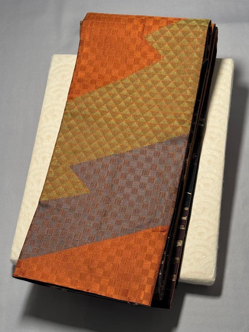 [美品] 長尺　半幅帯　小袋帯　正絹　黒　唐草　カジュアル　小紋　紬　無地