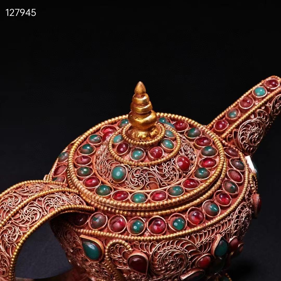 中国古美術・旧蔵收・純手作り・花糸古銅彫塗金宝石嵌酒壺・文房置物・純銅製・酒具