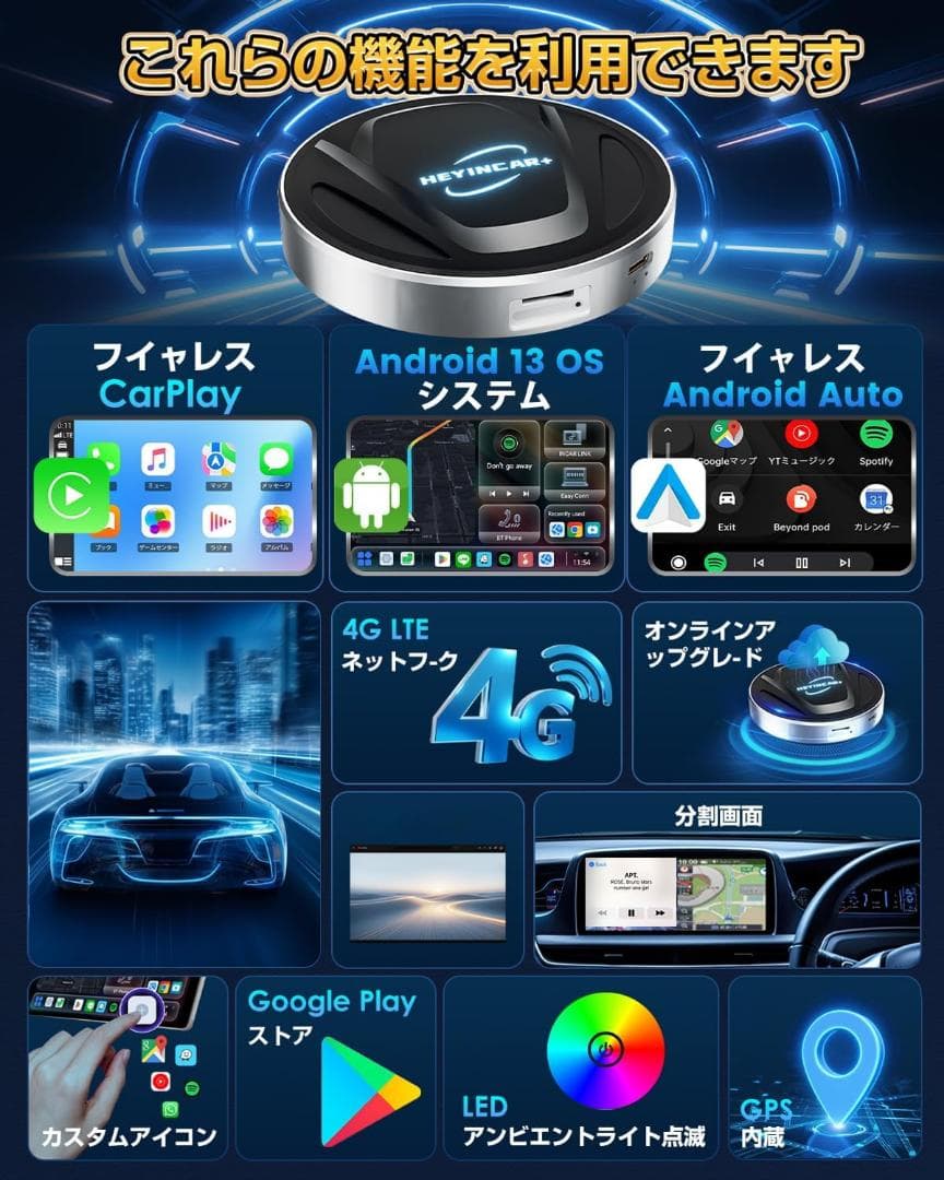 HEYINCAR+ CarPlay AI Box Android 13アタブター