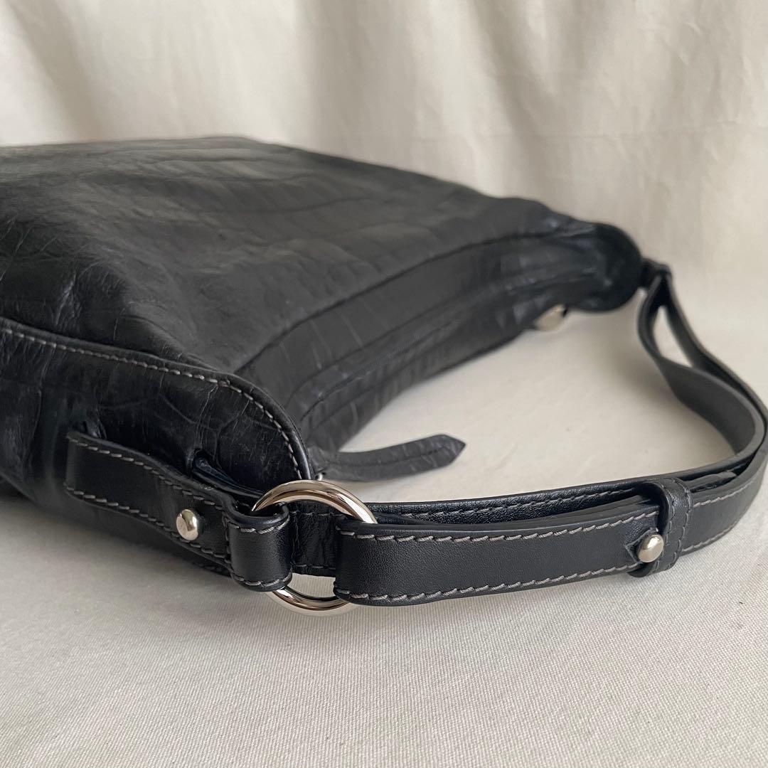 【美品】FURLA 2way ショルダーバッグ 黒 本革 クロコ型押 A4収納可