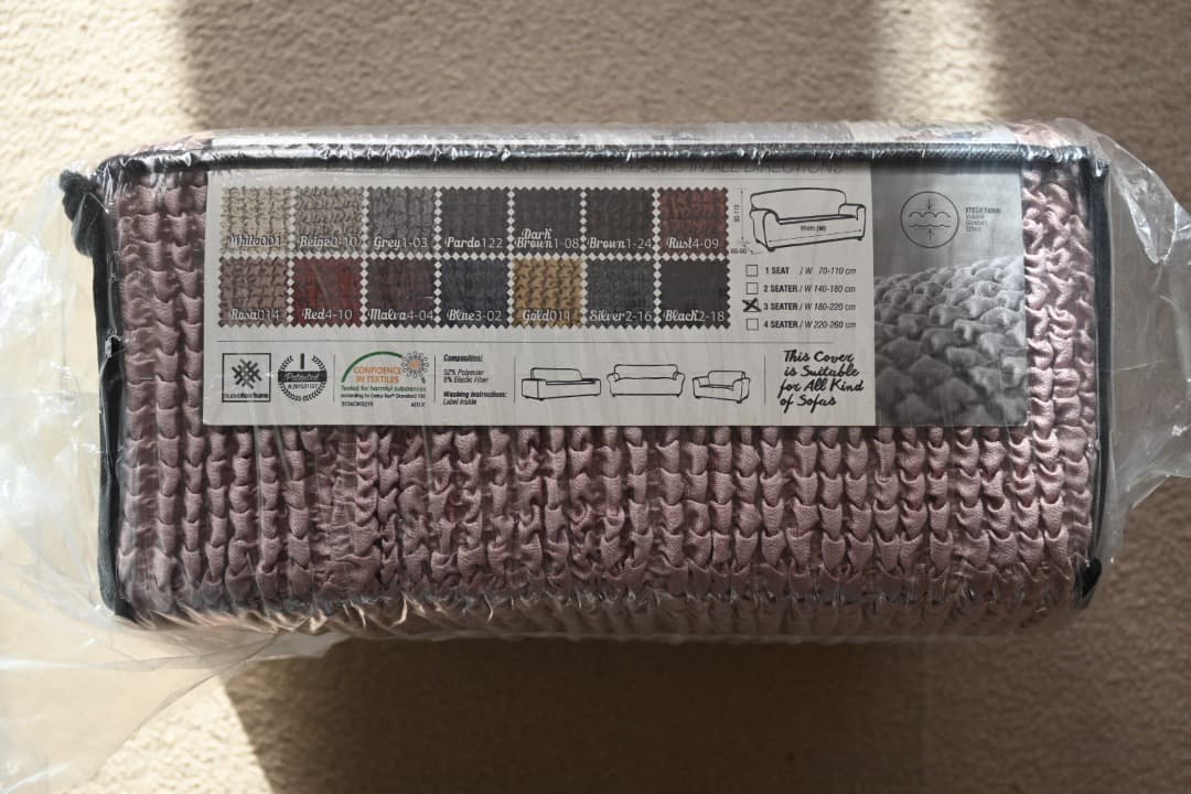 未使用品　ポンパス３人掛ソファカバー、ストレッチファブリック、ピンクベージュ