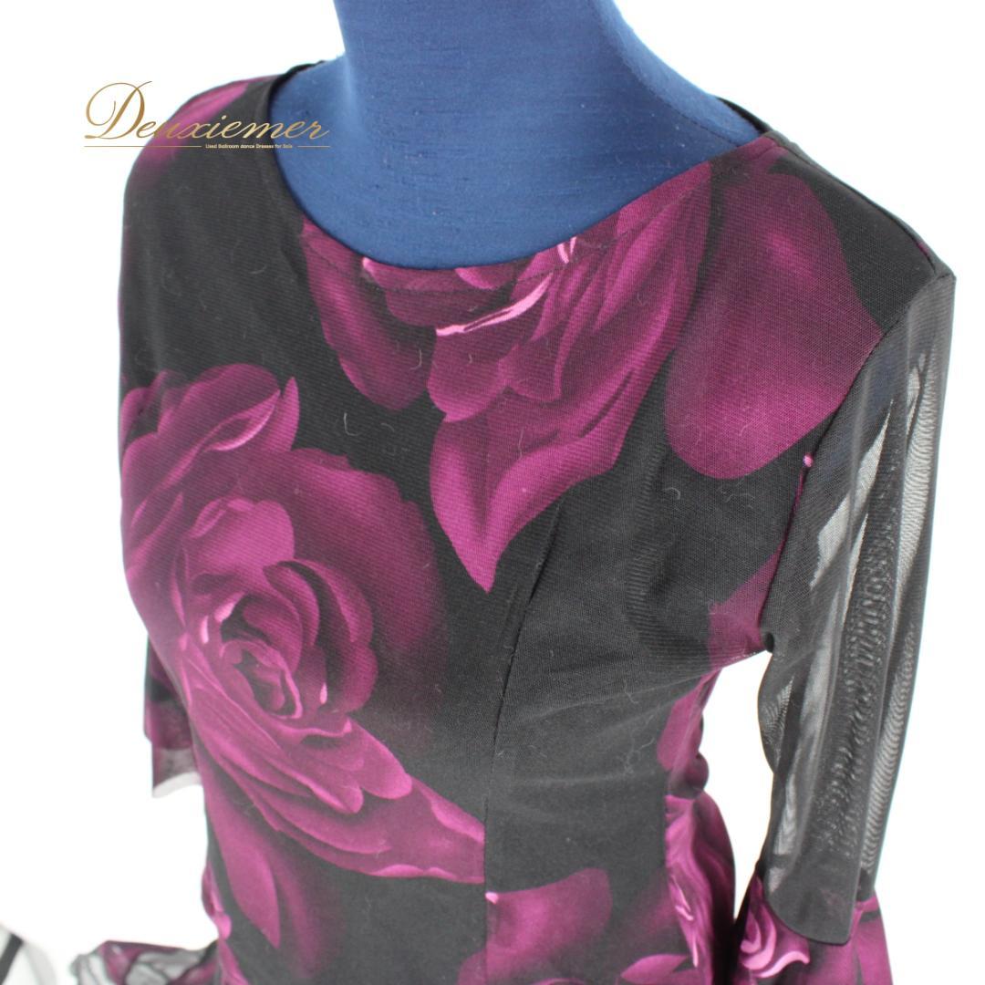 【美品 社交ダンス衣装】上下セット トップス スカート 黒 紫 ブラック 花柄