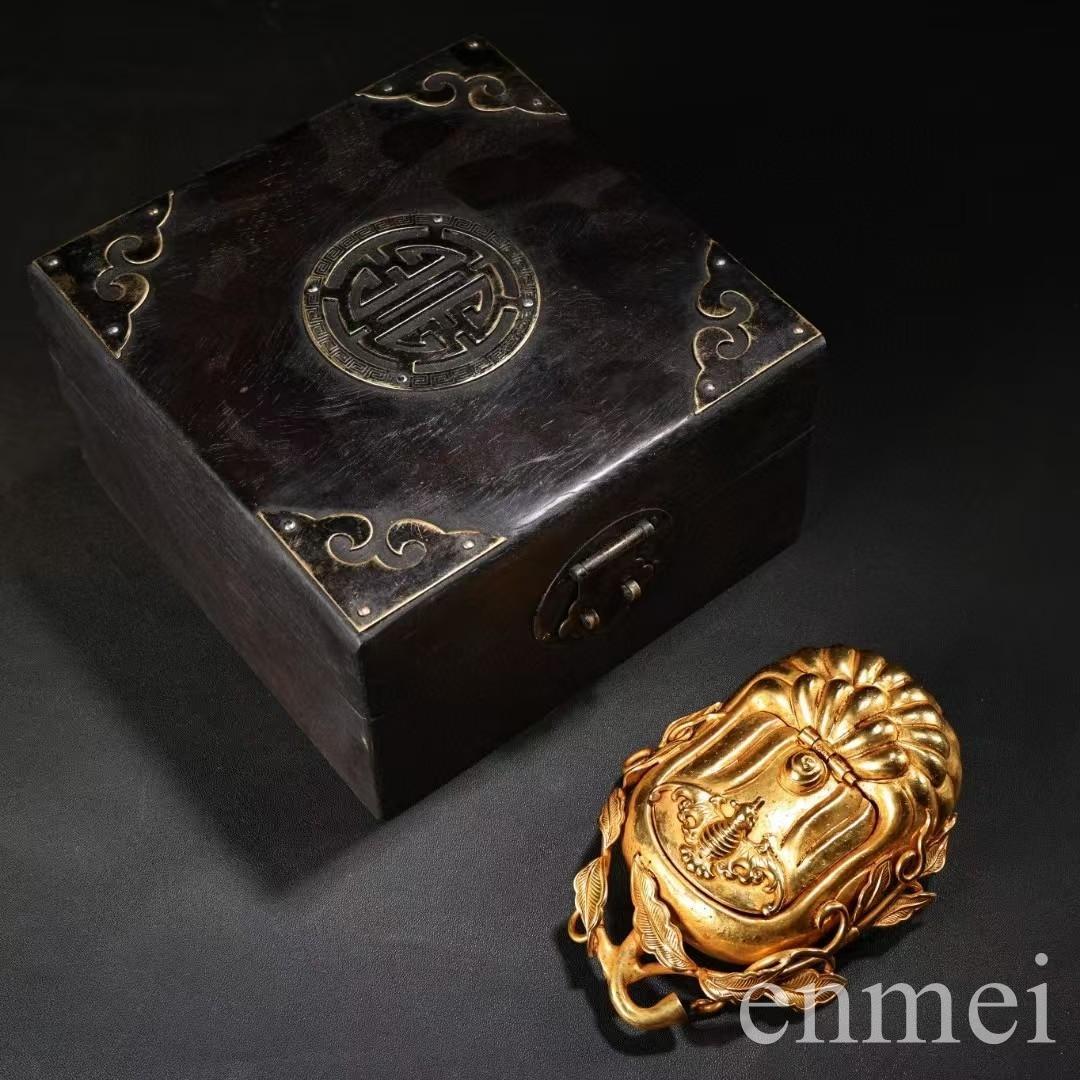 中国古美術・旧蔵鎏金の福瓜型文房筆洗水洗・純手作り・純銅製・置物・箱付き・案頭