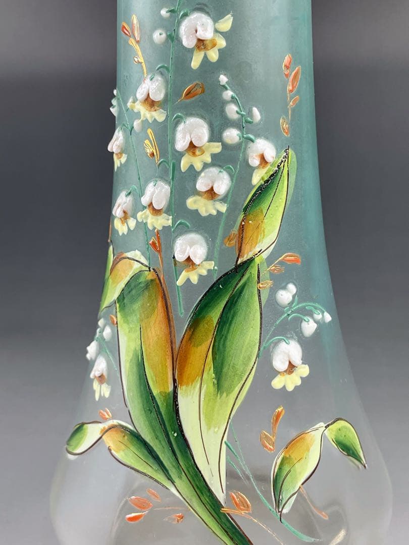 【希少】ボヘミアグラス ２２．５㎝ エナメル盛 スズラン紋 花瓶 一輪挿し