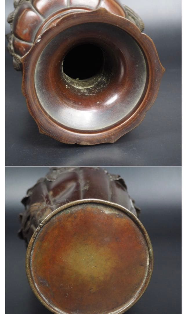 送料無料　明治時代　盛上げ花鳥紋彫金花瓶　秀逸作　★希少★高30ｃｍ