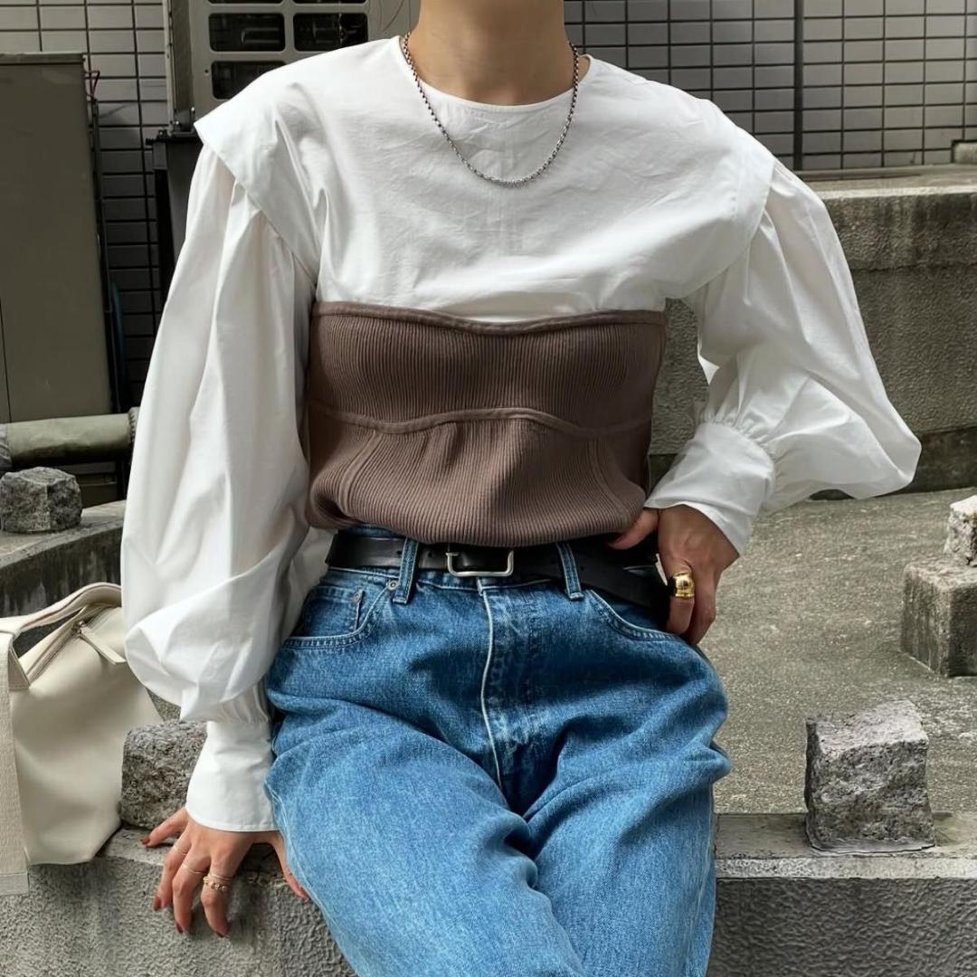 ETRE TOKYO ニットビスチェボリュームスリーブブラウス　ホワイト　エトレ