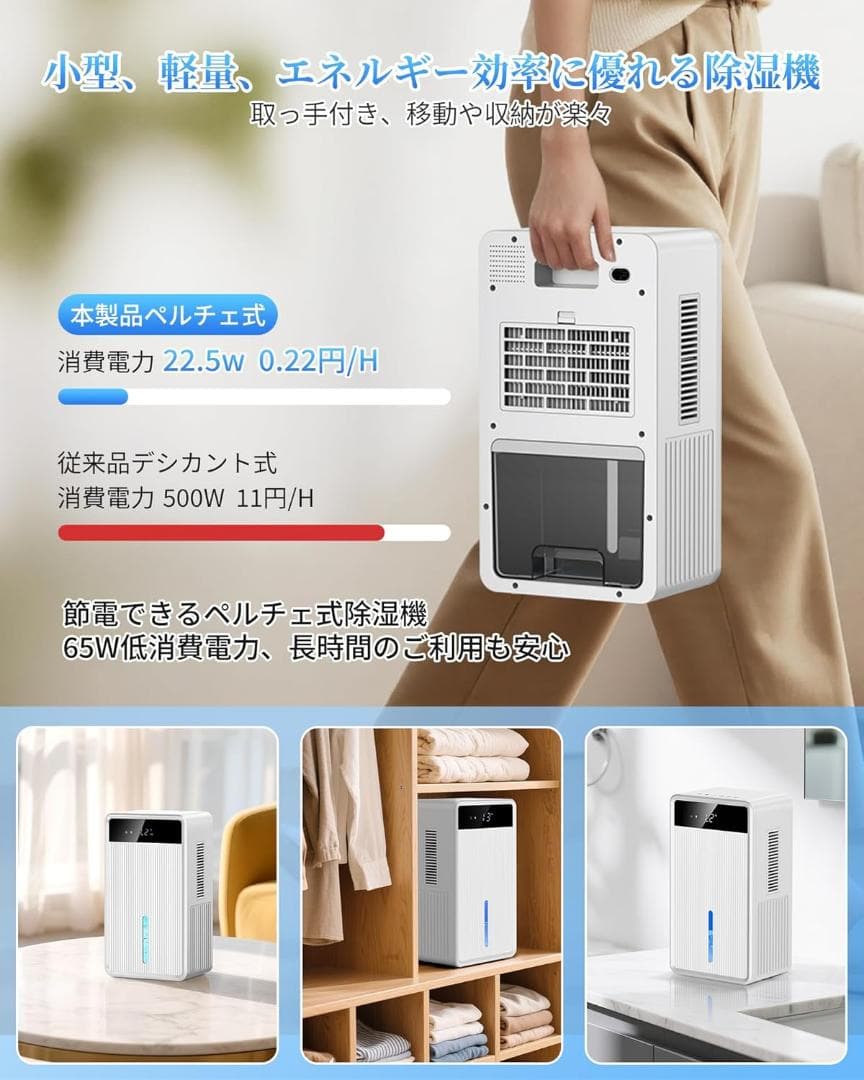 除湿機 小型 大容量3L ペルチェ式 デュアルコア除湿機 ハイブリッド式 静音