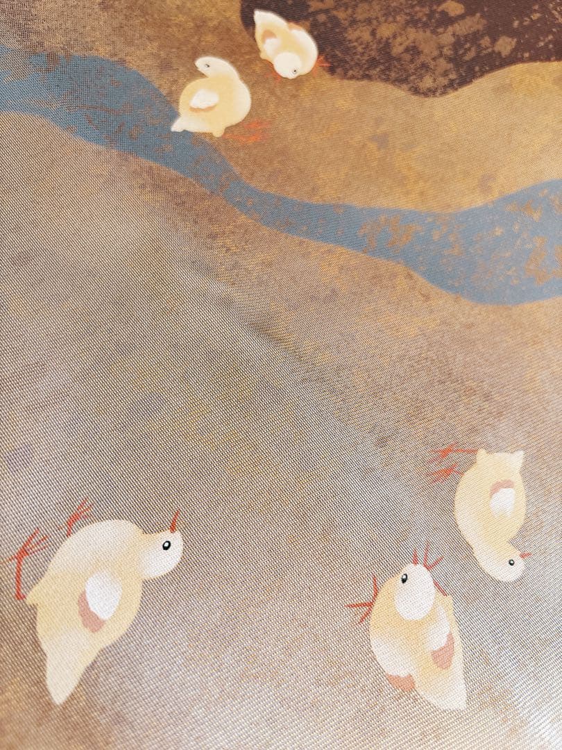 手描きの鶏ニワトリとひよこが可愛い箔の袋帯　六通　グレー灰色金箔銀箔