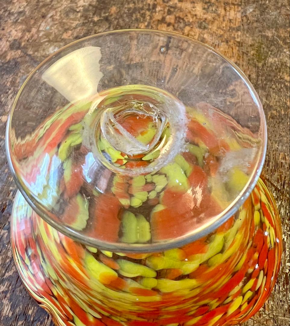 大正ロマン　吹雪紋氷コップオレンジ　ウランガラス　和ガラス　アンティーク　古道具