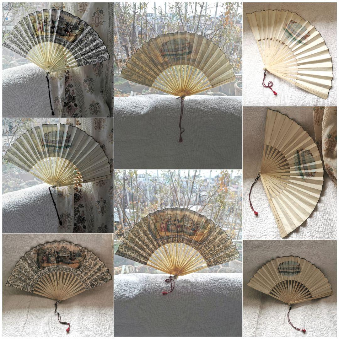 アンティークヴィクトリアン ハンドペイント人物＆風景画ファン 透し彫刻 銀彩鳥蝶