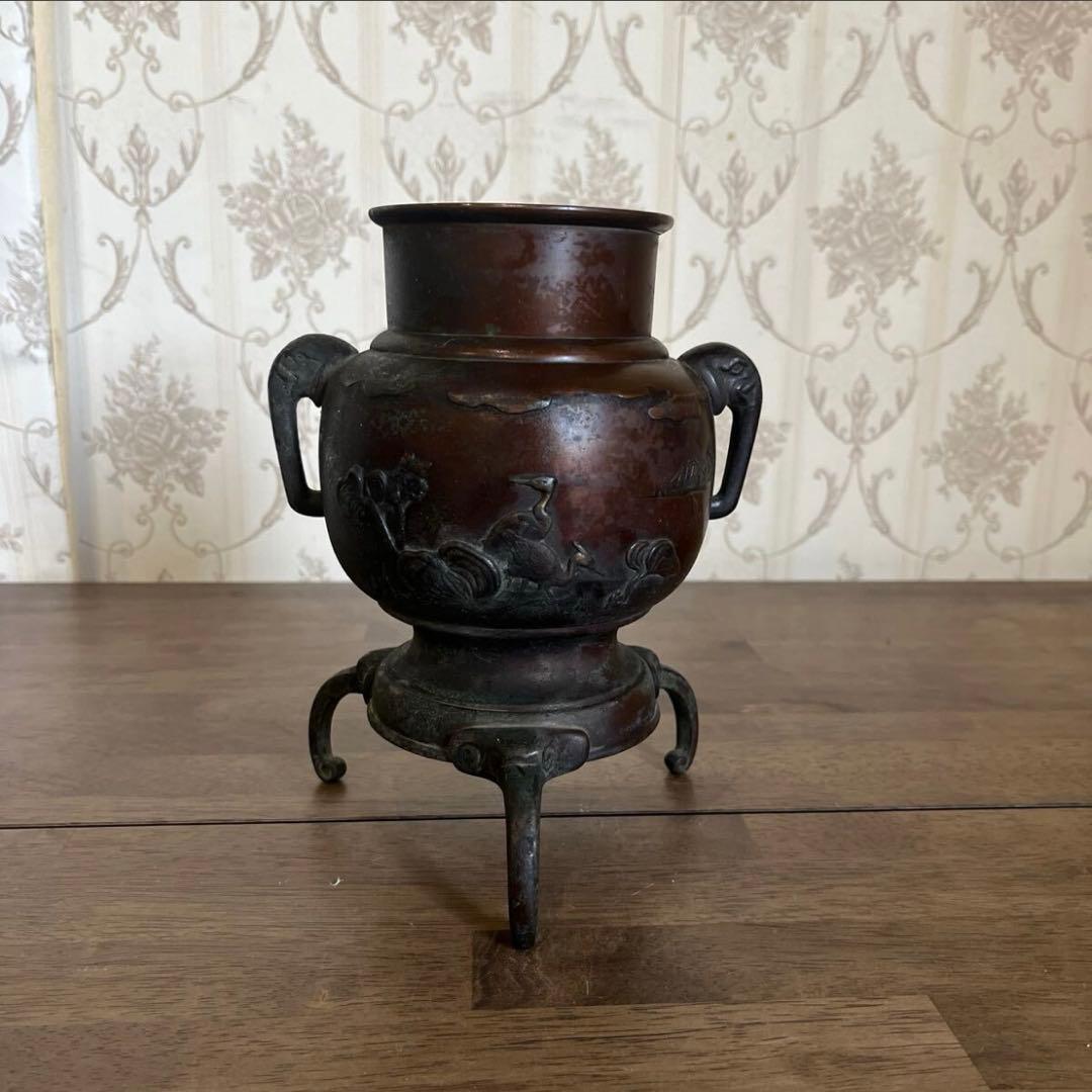 【アンティーク】銅製 青銅 薄端 中国美術 置物 三足 花器 花瓶 香炉 古道具