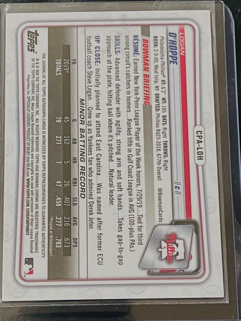 大活躍　Logan O’Hoppe 直筆サイン　オホッピー2020 Chrome