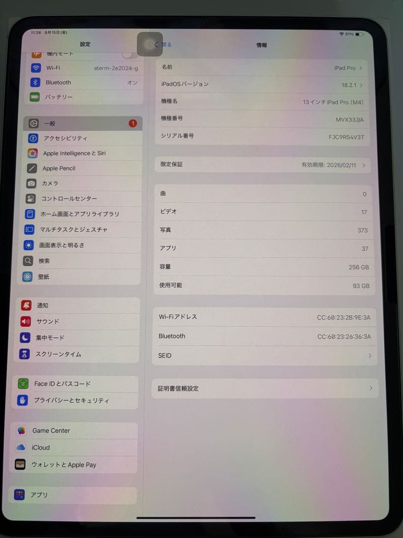 iPad Pro (M4) 256GB Wi-Fi 13インチ　シルバー