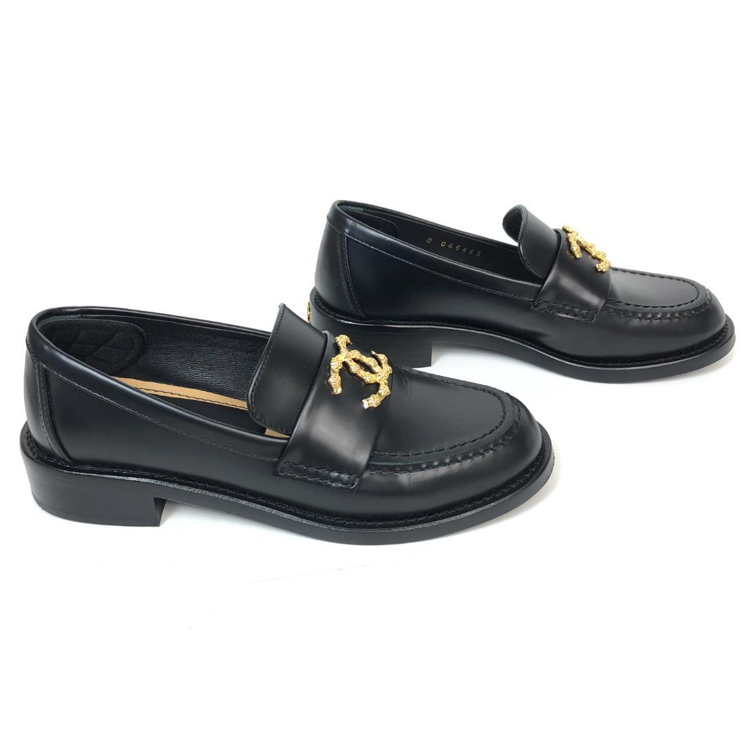 【美品】12F198 シャネル カメリア ココマーク ローファー 34C 黒 革