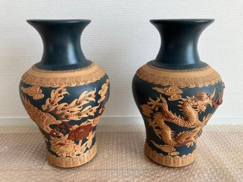 花瓶一対 龍鳳2個セット 紫砂 中国民国 夏永君製