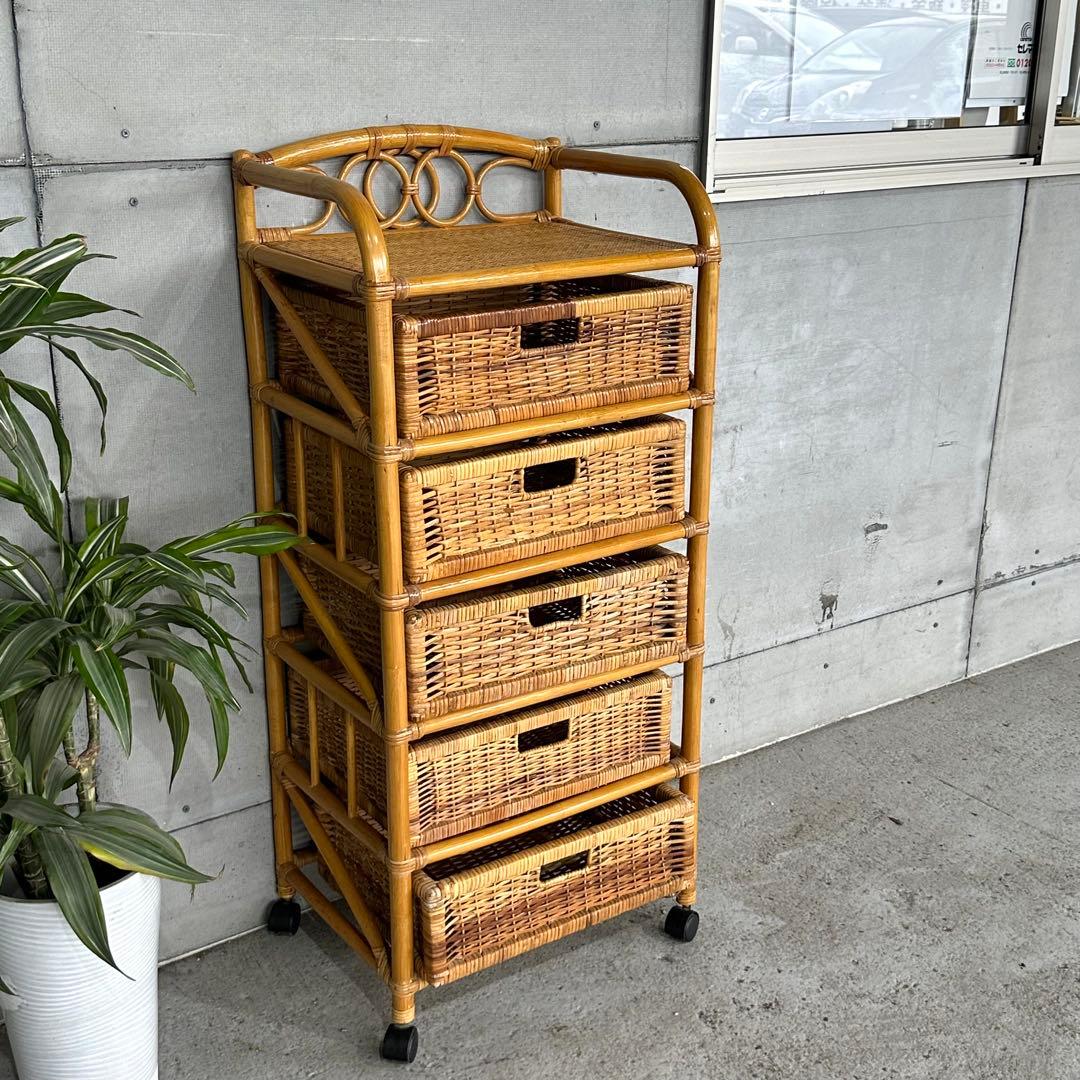 ⭐️即決価格⭐️ラタン 籐家具 5段チェスト　ランドリーラック キャスター付