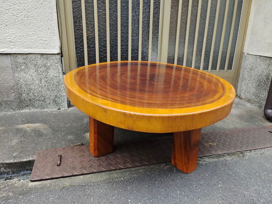 無垢材の自然形状座卓　花台　盆栽台　一枚板　輪切り　脚付き　時代テーブル　日本製