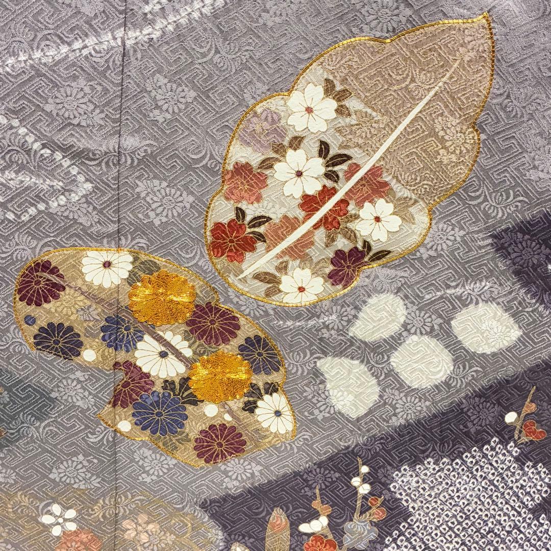 D169 訪問着　絞り　金駒刺繍　葉っぱ　正絹　着物　袷　極美品