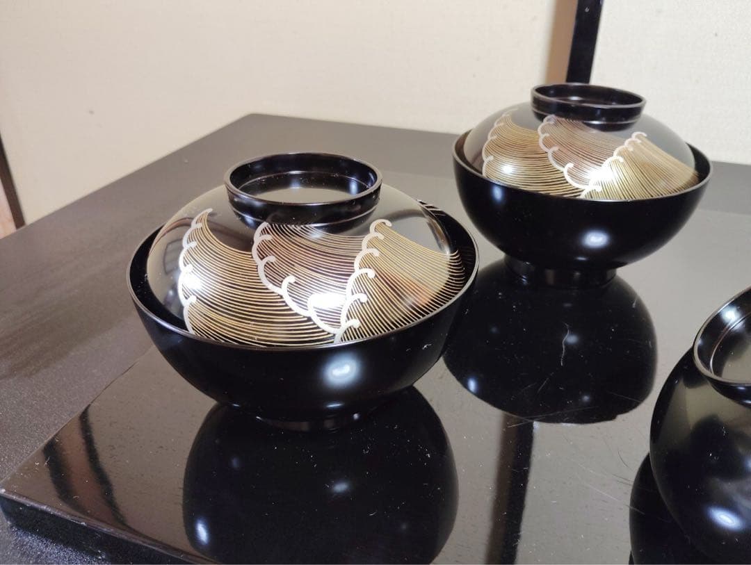 輪島塗 吸物椀 5客　波模様