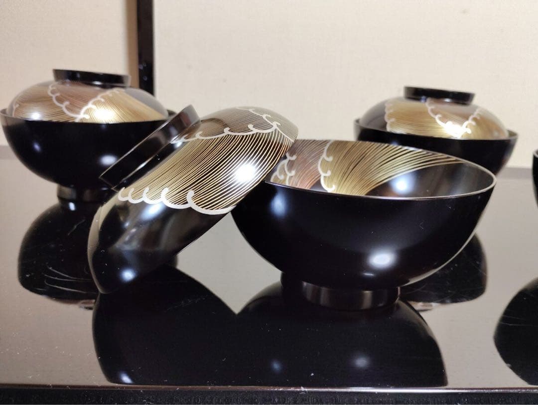 輪島塗 吸物椀 5客　波模様