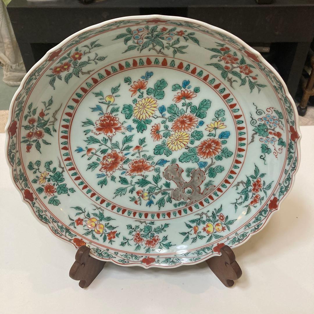 清水焼　平安一星作　彩色菊花大鉢　皿立て付き　直径30㎝　アンティーク