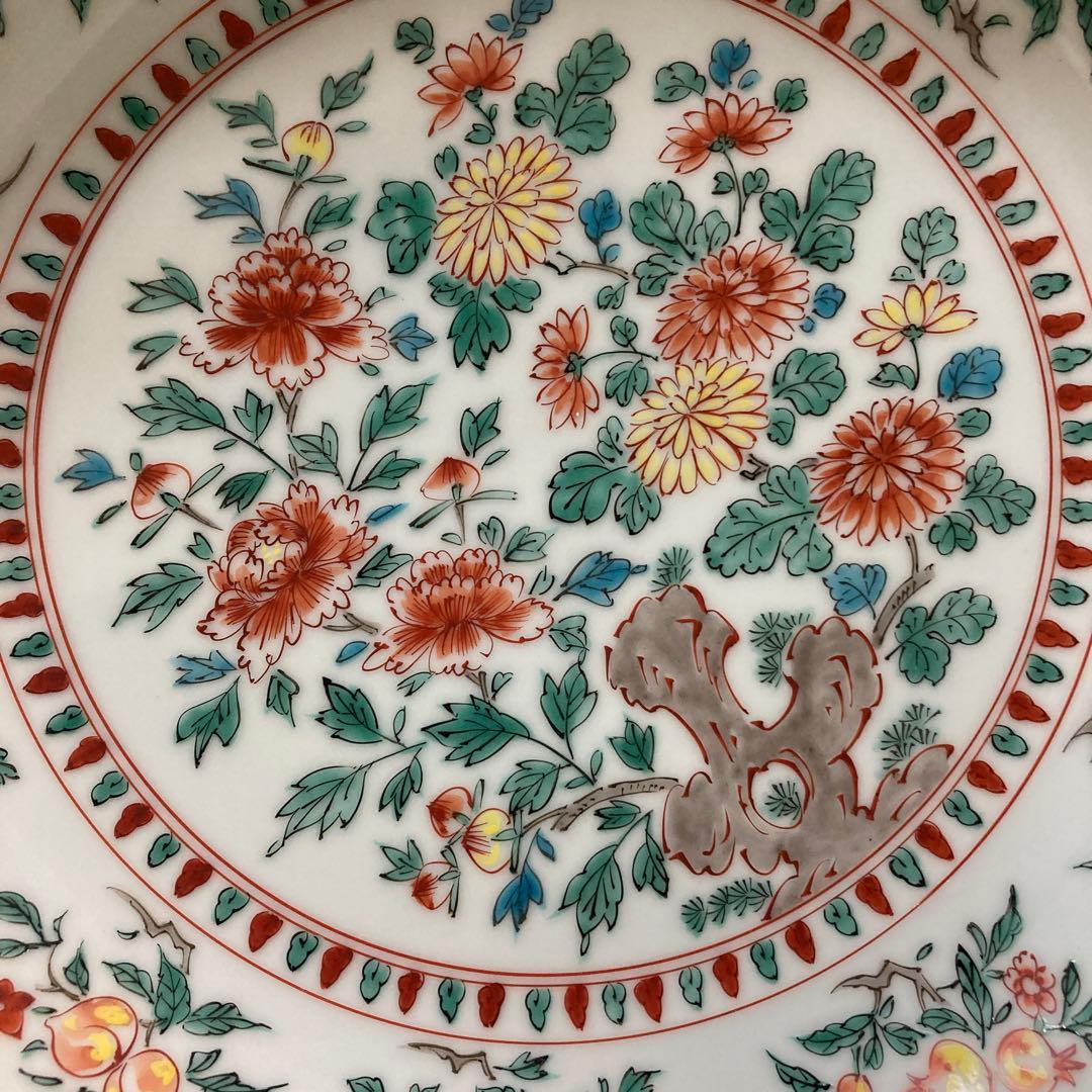 清水焼　平安一星作　彩色菊花大鉢　皿立て付き　直径30㎝　アンティーク